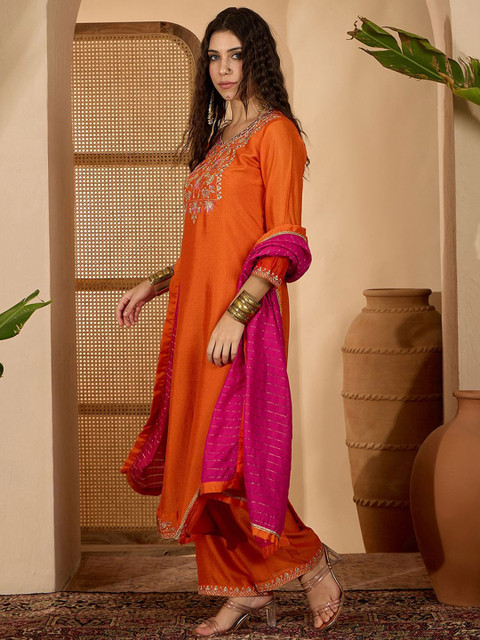 Sangria Floral Yoke Design Round Neck Sequinned Straight Kurta & Palazzos With Dupatta - Image 5
