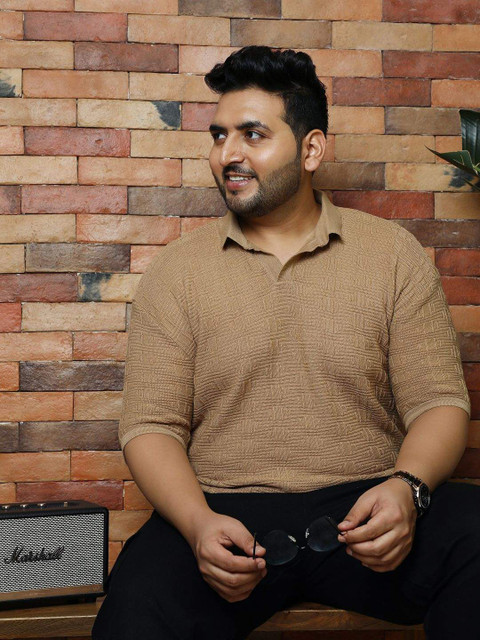 Instafab Plus Men Plus Size Self Design Polo Collar Cotton T-shirt