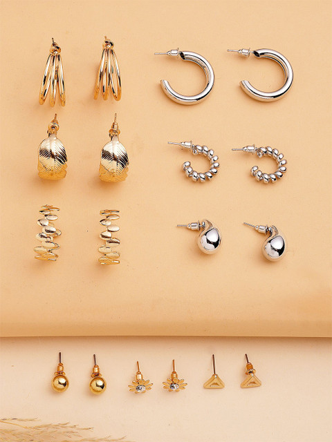 Bohey by KARATCART Set Of 9 Gold-Plated Semi Circular Shaped Half Hoop Earrings