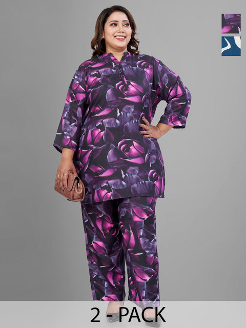 TITTLI Plus Size Pack Of 2 Floral Printed Mandarin Collar Tunic With Trousers