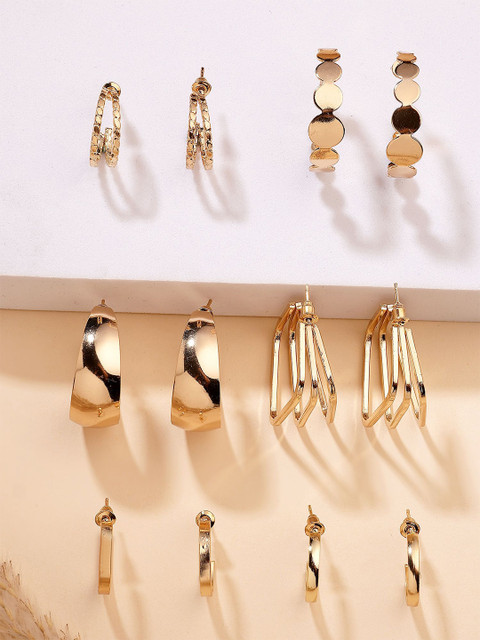 Bohey by KARATCART Set Of 6 Gold-Plated Semi Circular Shaped Half Hoop Earrings