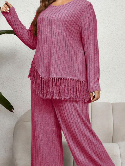 Sztori Plus Size Round-Neck Rib Knit Top With Trousers Co-Ords - Image 7