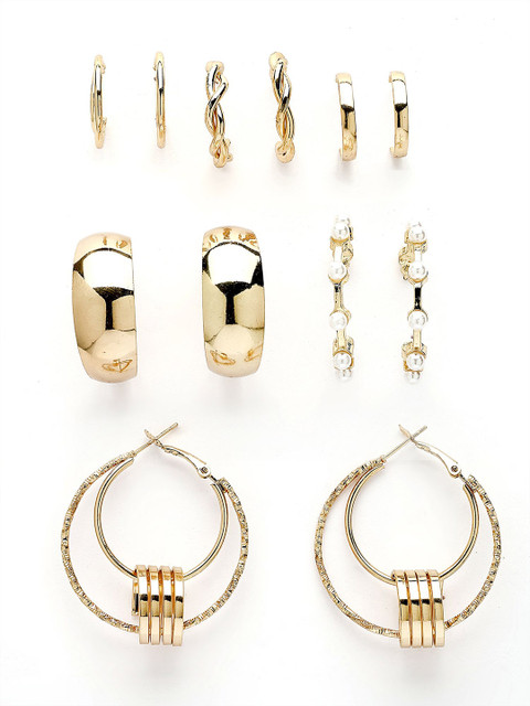 Bohey by KARATCART Set Of 6 Gold-Plated Artificial Beaded Semi Circular Half Hoop Earrings - Image 2