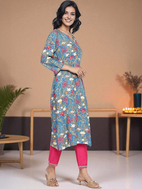 W Floral Printed Straight Kurta - Image 3