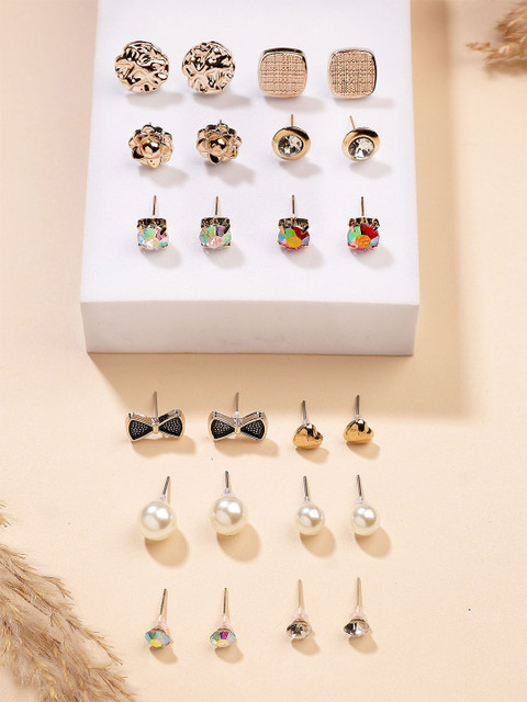 Bohey by KARATCART Set Of 12 Gold-Plated Heart Shaped Studs