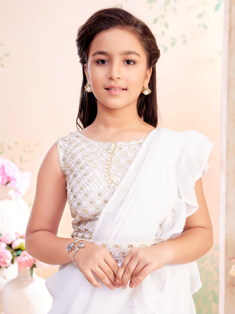 Aarika Girls Sequinned Ruffles Choli & Lehenga Saree With Attachable Dupatta