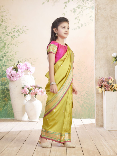 Aarika Girls Geometric Woven Design Zari Block Print Saree - Image 2