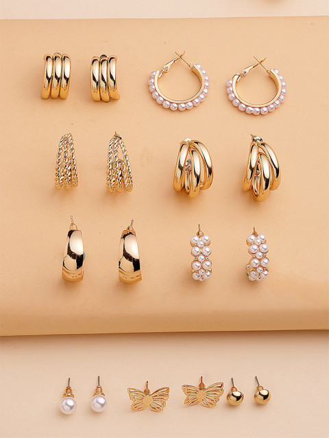 Bohey by KARATCART Set Of 9 Gold-Plated Semi Circular Shaped Half Hoop Earrings