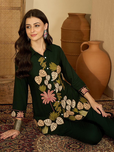 Sangria Women Embroidered Shirt Style Top With Trousers Co-Ords