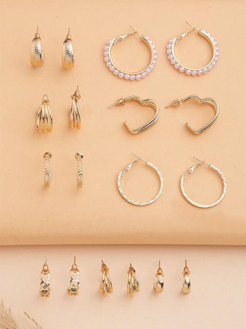 Bohey by KARATCART Set Of 9 Gold-Plated Semi Circular Shaped Half Hoop Earrings