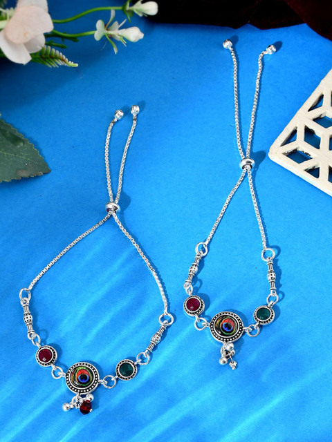 Silvermerc Designs Silver-Plated Artificial Stones Studded and Beaded Anklets