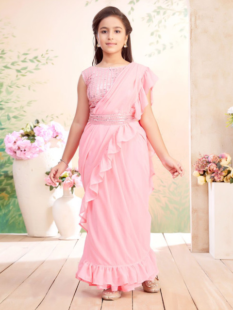 Aarika Girls Sequin Embroidered Choli & Lehenga Saree With Attachable Dupatta