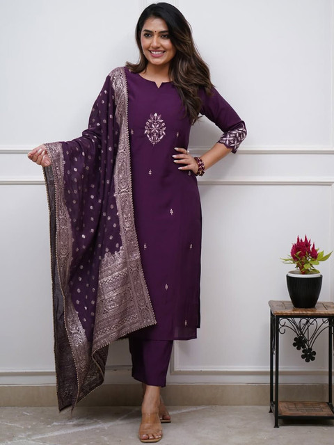 HERE&NOW Women Woven Design Embroidered Kurta with Salwar & Dupatta
