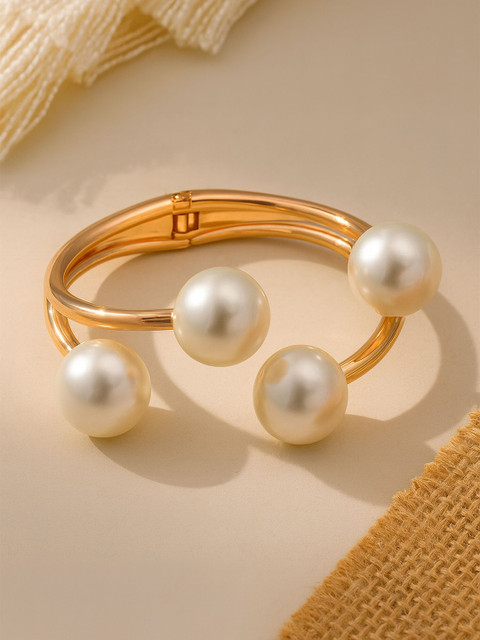 Bohey by KARATCART Gold-Plated Pearls Beaded Open Cuff Bracelet