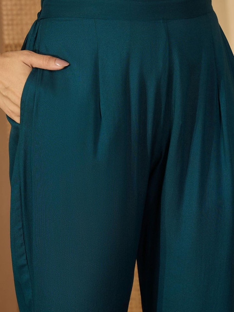 Sangria Floral Embroidered Shirt Collar Tunic With Straight Trousers - Image 4