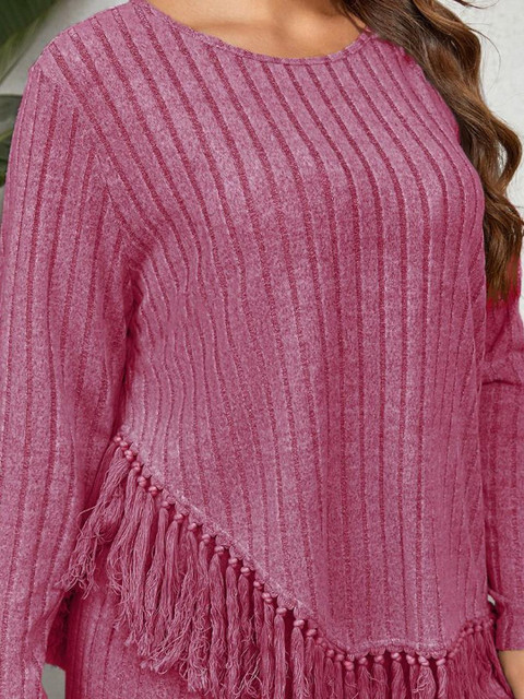 Sztori Plus Size Round-Neck Rib Knit Top With Trousers Co-Ords - Image 2