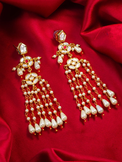 Anouk Gold-Plated Pearls Beaded And Stones Studded Tasselled Contemporary Drop Earrings