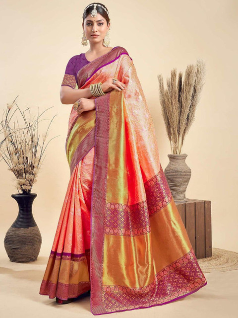 HERE&NOW Ethnic Motifs Woven Design Zari Kanjeevaram Saree with Blouse Piece