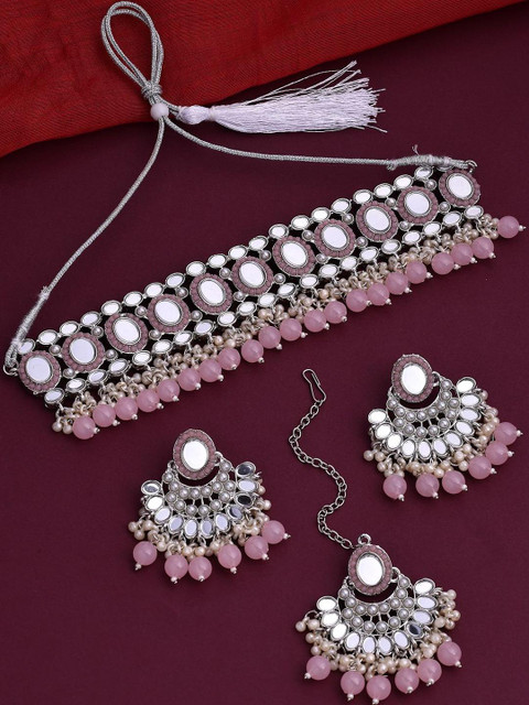 Sukkhi Rhodium-Plated American Diamond & Beaded Choker Necklace & Earrings & Maang Tika