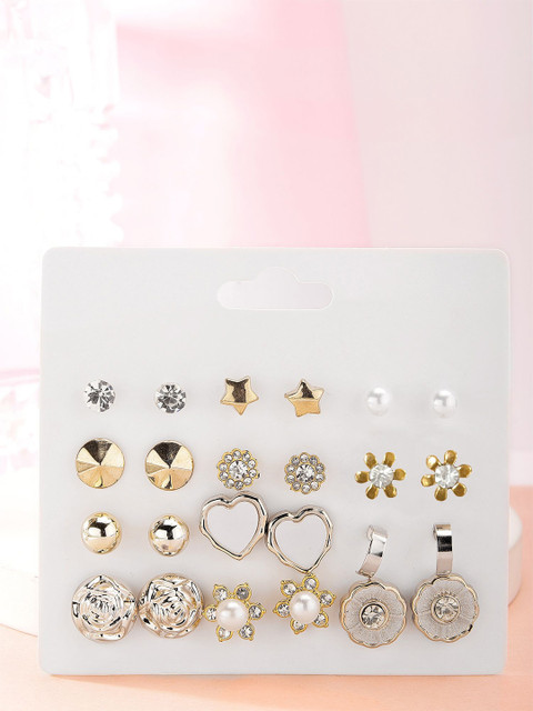 Bohey by KARATCART Set Of 12 Gold-Plated Artificial Stones & Beaded Circular Shaped Studs