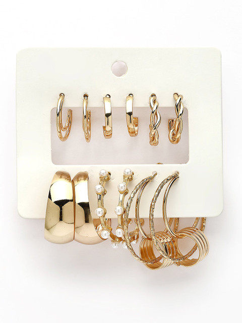 Bohey by KARATCART Set Of 6 Gold-Plated Artificial Beaded Semi Circular Half Hoop Earrings - Image 4