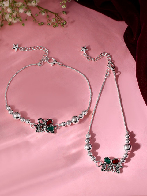 Silvermerc Designs Silver-Plated Stones Studded and Beaded Butterfly Charm Anklets