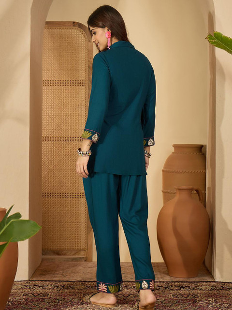 Sangria Floral Embroidered Shirt Collar Tunic With Straight Trousers - Image 3