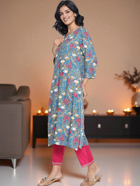 W Floral Printed Straight Kurta - Image 4