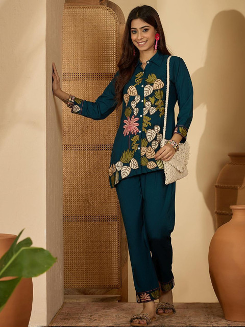 Sangria Floral Embroidered Shirt Collar Tunic With Straight Trousers - Image 6