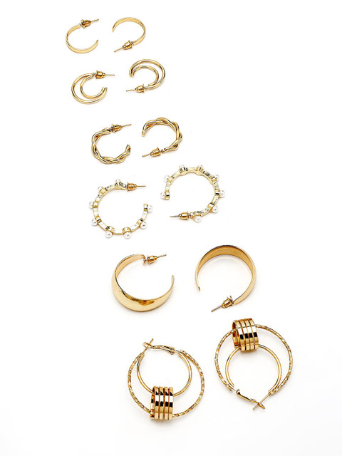 Bohey by KARATCART Set Of 6 Gold-Plated Artificial Beaded Semi Circular Half Hoop Earrings - Image 3