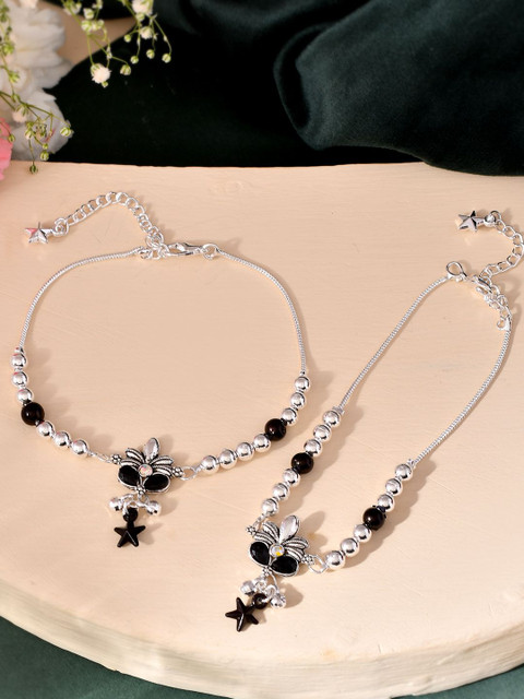 Silvermerc Designs Silver-Plated Artificial Stones Studded and Beaded Charm Anklets