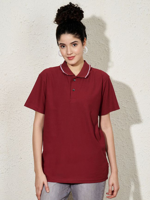 Leotude Women Solid Polo Collar Cotton Relaxed Fit T-shirt