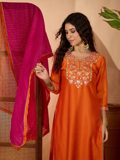 Sangria Floral Yoke Design Round Neck Sequinned Straight Kurta & Palazzos With Dupatta - Image 7