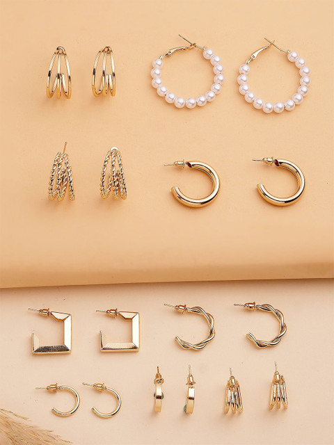 Bohey by KARATCART Set Of 9 Gold-Plated Semi Circular Shaped Half Hoop Earrings