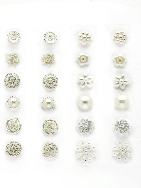 Bohey by KARATCART Set Of 12 Silver-Plated Artificial Beaded Floral Shaped Studs - Image 2