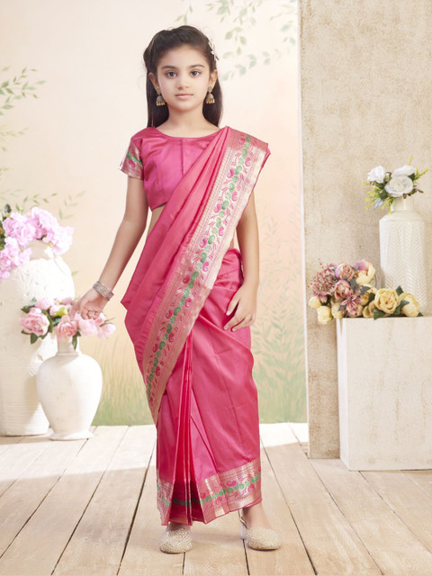 Aarika Girls Block Print Saree With Stitched Blouse
