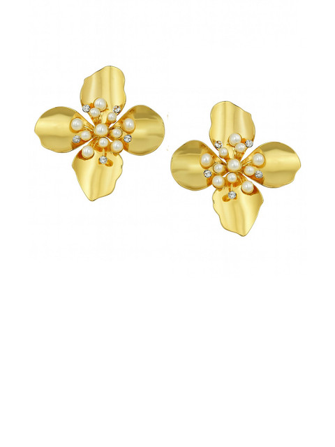 Bohey by KARATCART Gold-Plated Artificial Stone & Pealrs Studded Floral Studs - Image 2
