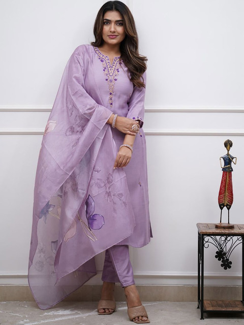 HERE&NOW Ethnic Motifs Embroidered Regular Kurta With Salwar & Dupatta