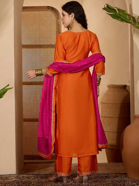 Sangria Floral Yoke Design Round Neck Sequinned Straight Kurta & Palazzos With Dupatta - Image 6