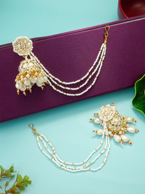 Anouk Gold-Plated Pearls Beaded And Stones Studded Dome Shaped Jhumkas With Earchain