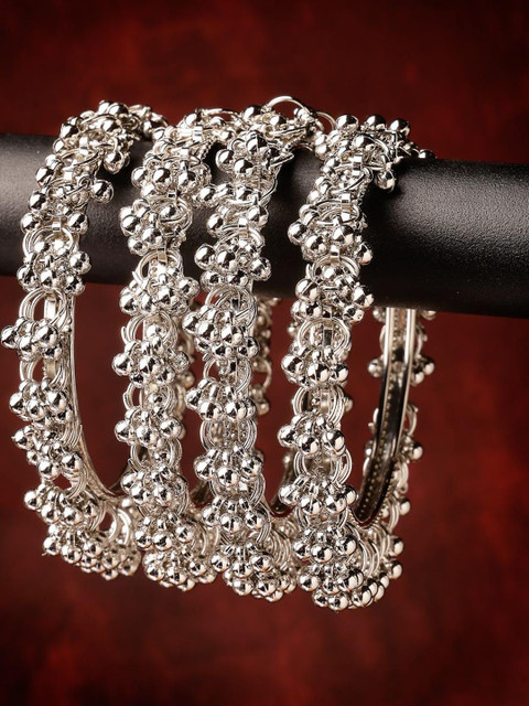Sukkhi Women Set of 4 Oxidised Rhodium Plated Ghungroo Beaded Silver Bangle Sets