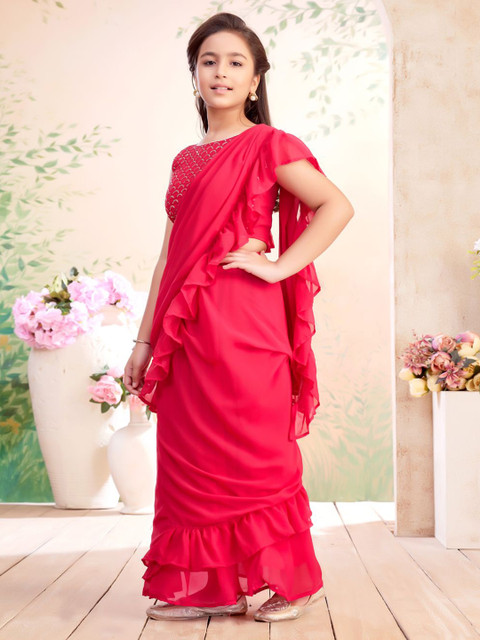 Aarika Girls Sequin Embroidered Choli & Lehenga Saree With Attachable Dupatta - Image 4