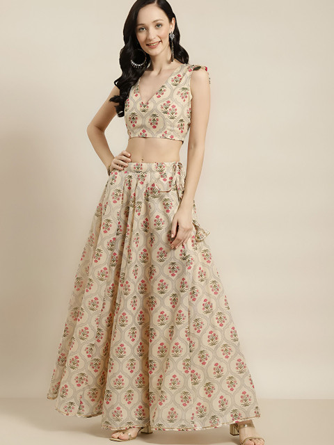 Kaizen TEXO FAB Printed Cotton V-Neck Semi-Stitched Lehenga & Unstitched