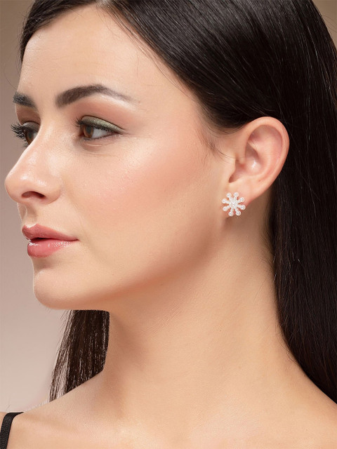 Bohey by KARATCART Set Of 12 Silver-Plated Artificial Beaded Floral Shaped Studs - Image 5