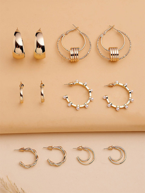 Bohey by KARATCART Set Of 6 Gold-Plated Artificial Beaded Semi Circular Half Hoop Earrings