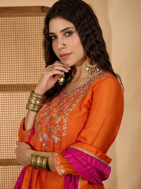 Sangria Floral Yoke Design Round Neck Sequinned Straight Kurta & Palazzos With Dupatta - Image 2