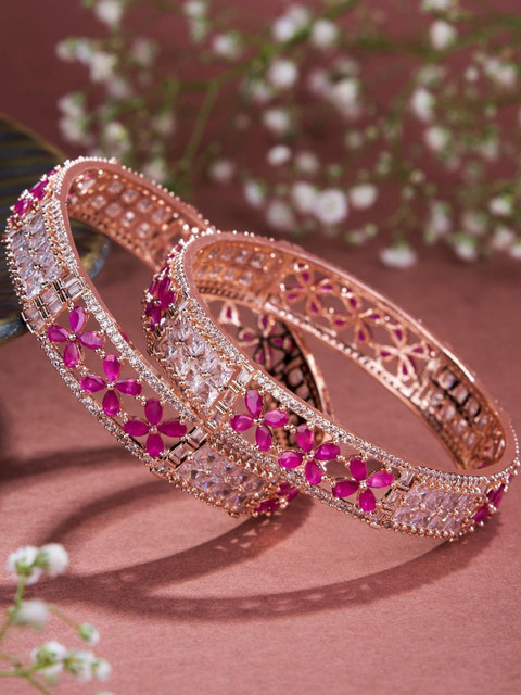 Opal Touch Women Set Of 2 Rose Gold-Plated Crimson Flower American Diamond-Studded Bangles