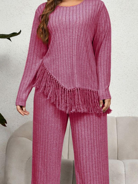 Sztori Plus Size Round-Neck Rib Knit Top With Trousers Co-Ords - Image 5