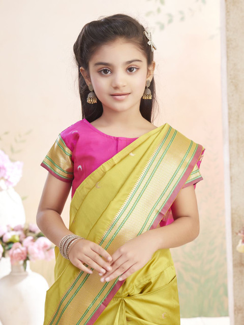 Aarika Girls Geometric Woven Design Zari Block Print Saree - Image 5