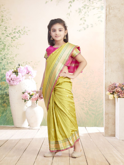 Aarika Girls Geometric Woven Design Zari Block Print Saree - Image 3